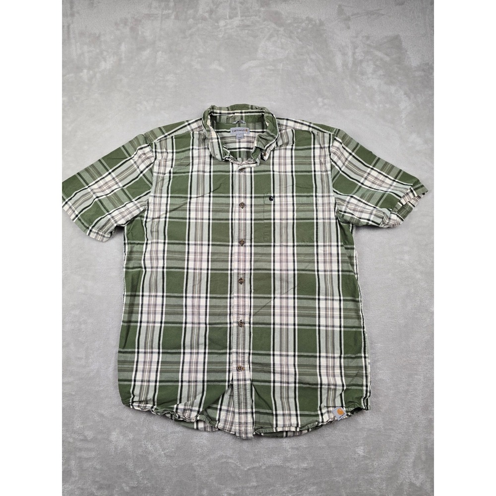 Carhartt Button Down Shirt Mens L Green Plaid Relaxed Fit Short Sleeve 101552